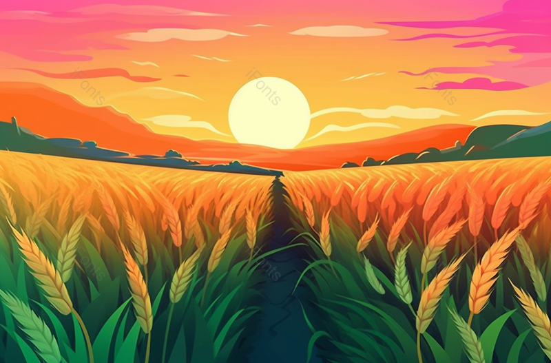 夕阳落日阳光下小满节气金黄色的麦穗生长谷物丰收卡通插画,插画/手绘图,插画/手绘图库,插画/手绘图下载,插画/手绘